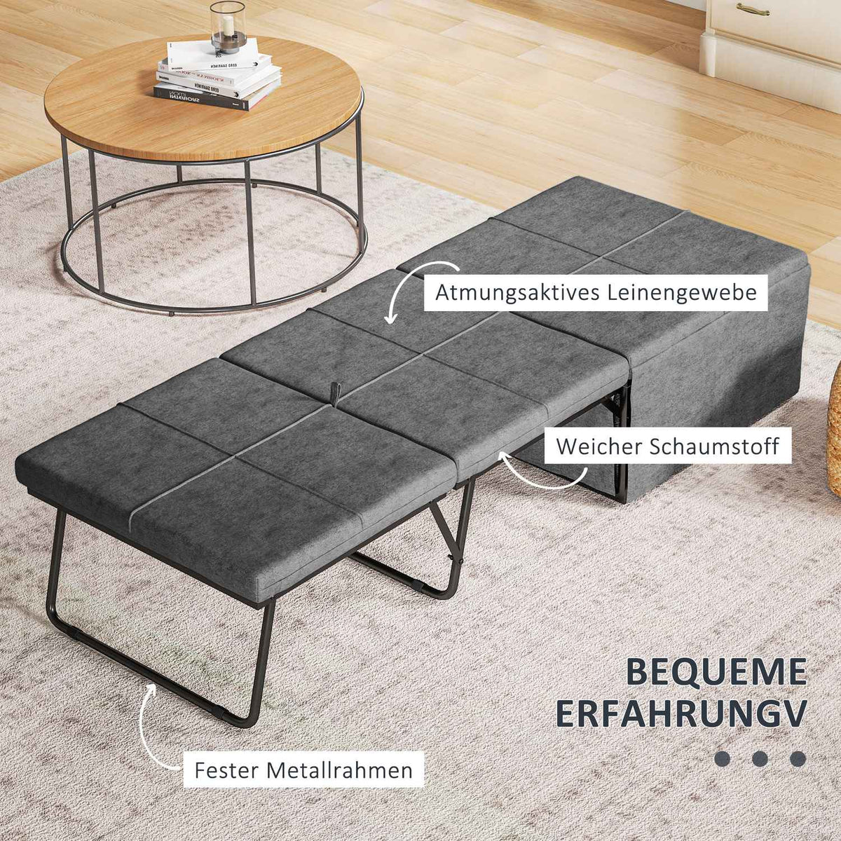Folding bed approx. 190x60 cm guest bed with 8cm foam mattress, foldable travel bed, adult single bed, metal bed can hold up to 120 kg, folding bed for office, guest room, gray