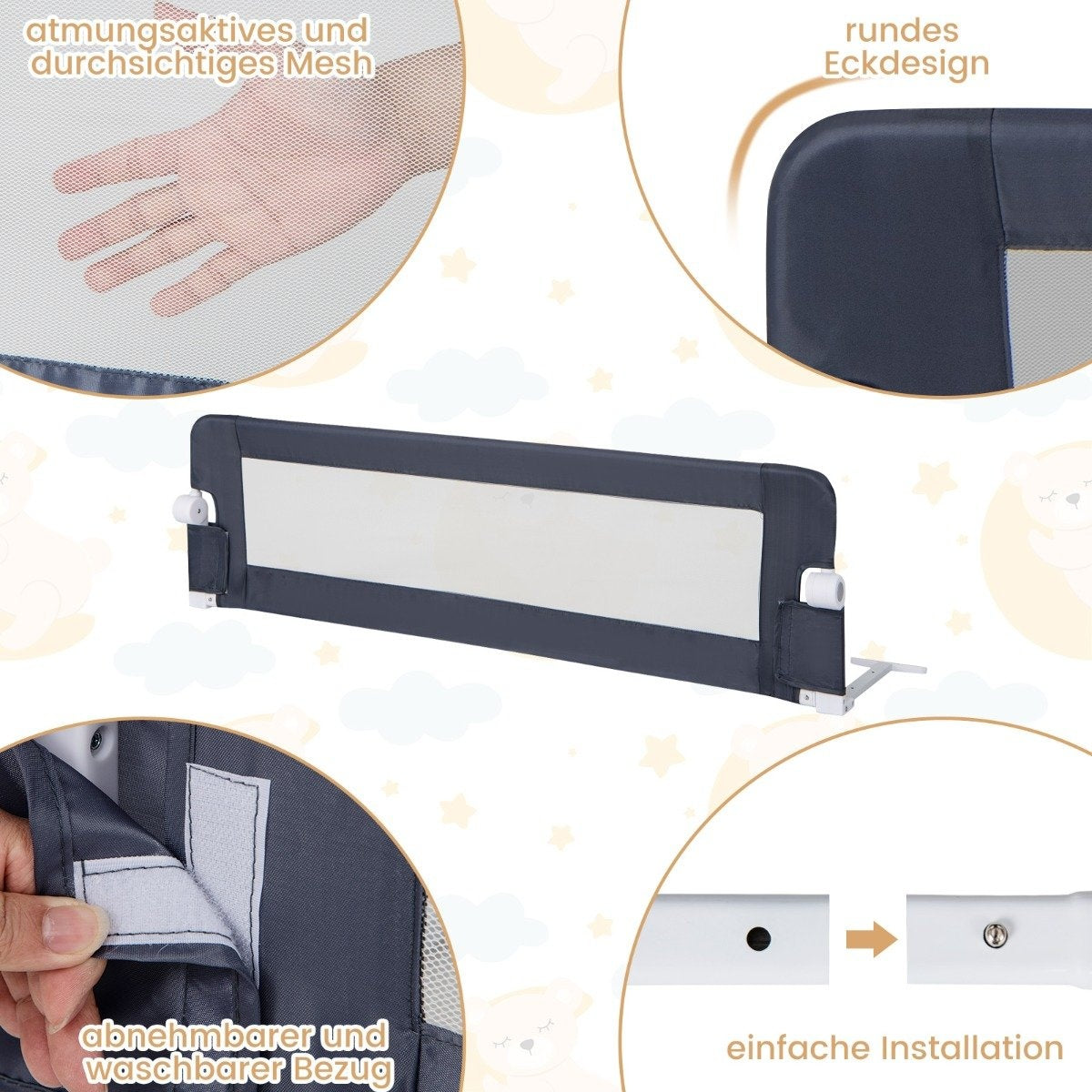 Folding bed rail with adjustable & one-click folding straps bed guard 150 x 42cm gray