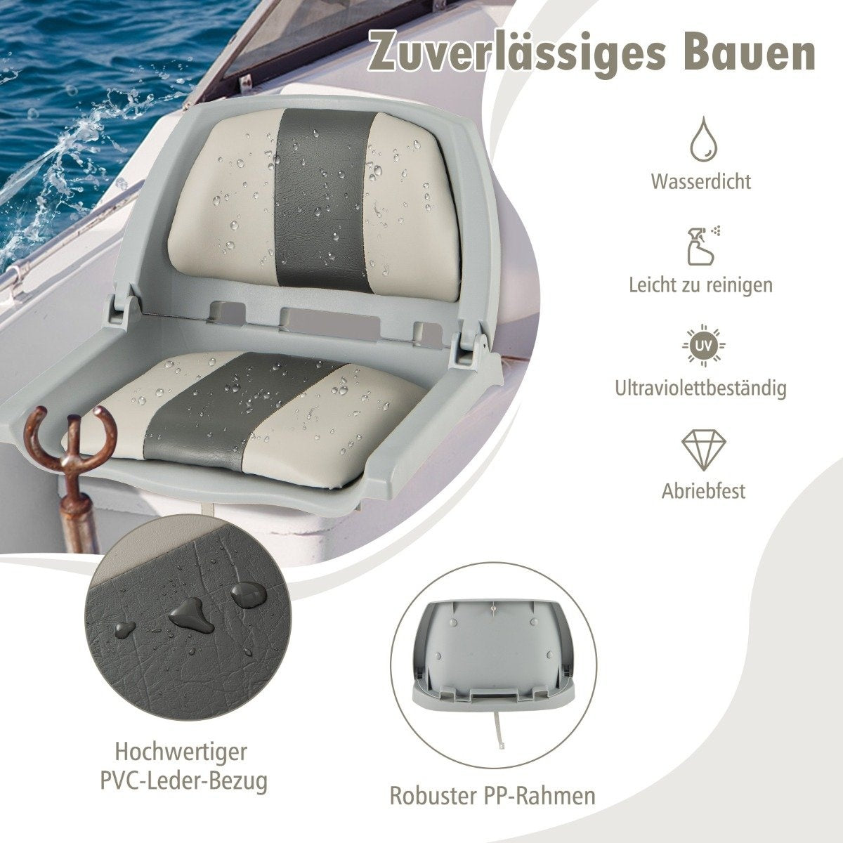 Folding boat seat with low backrest boat chair padded steering chair 57 x 51 x 35 cm