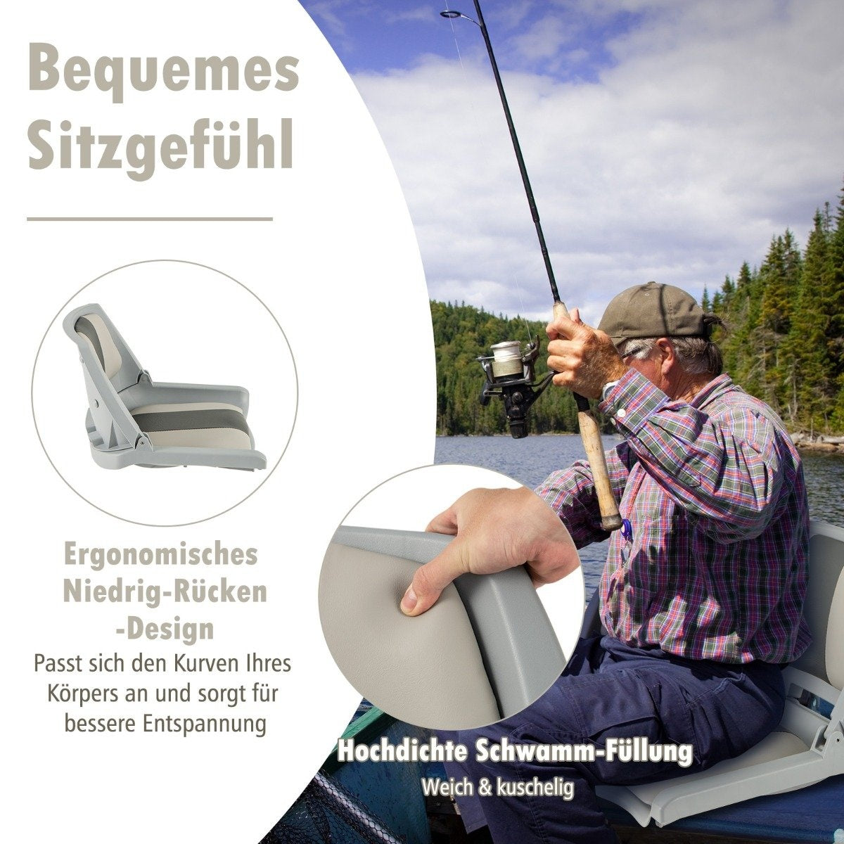 Folding boat seat with low backrest boat chair padded steering chair 57 x 51 x 35 cm