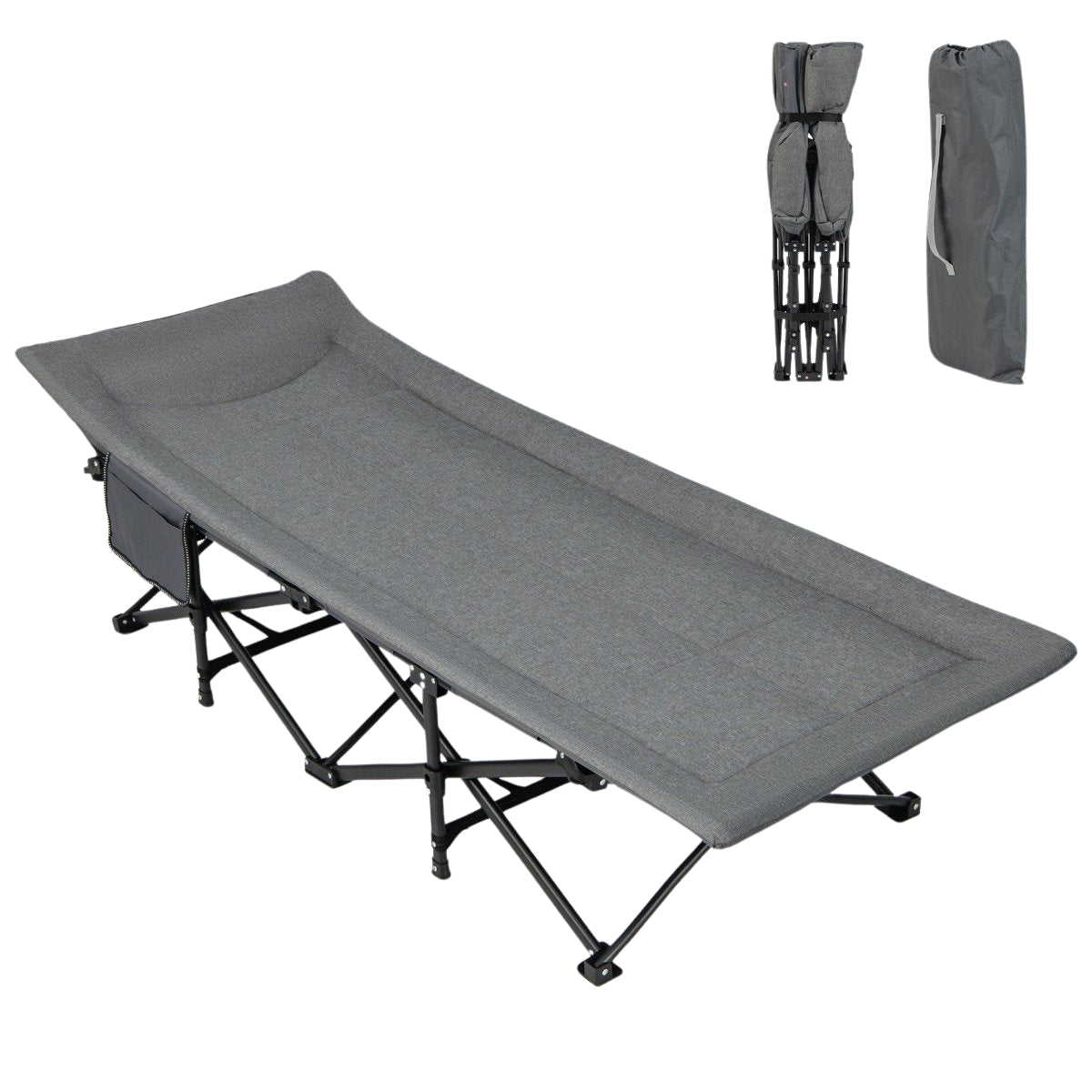 Folding camping lounger with side pocket, camp bed, load capacity up to 200 kg, guest bed, grey