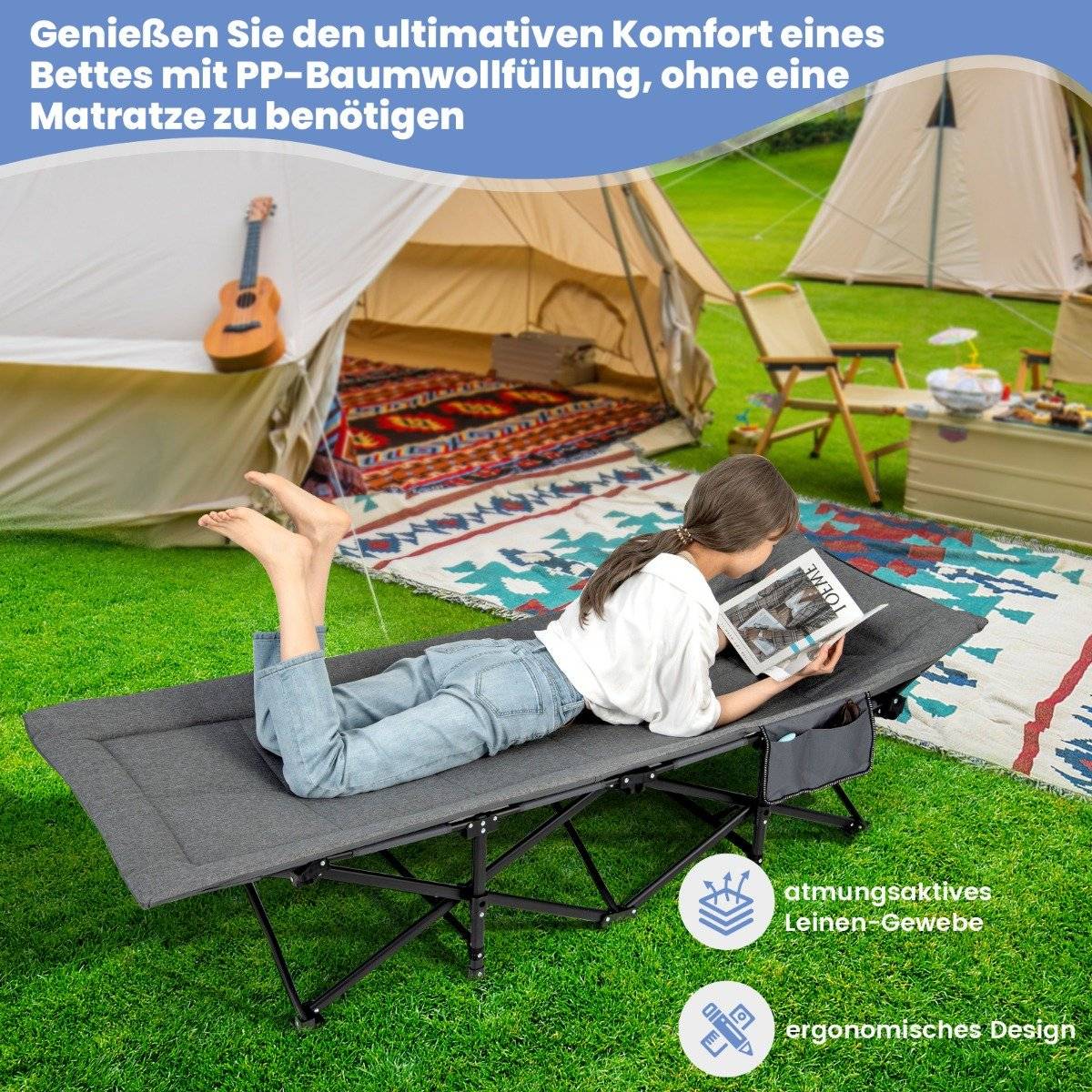 Folding camping lounger with side pocket, camp bed, load capacity up to 200 kg, guest bed, grey