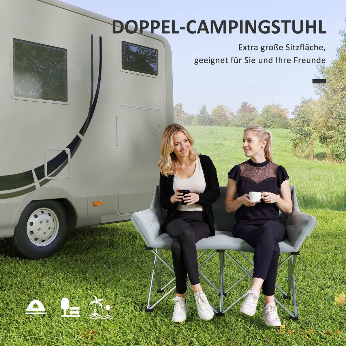 Folding chair 2 seater foldable camping chair with armrests side pocket outdoor folding chair load capacity up to 240kg lightly padded fishing chair garden chair for garden camping beach