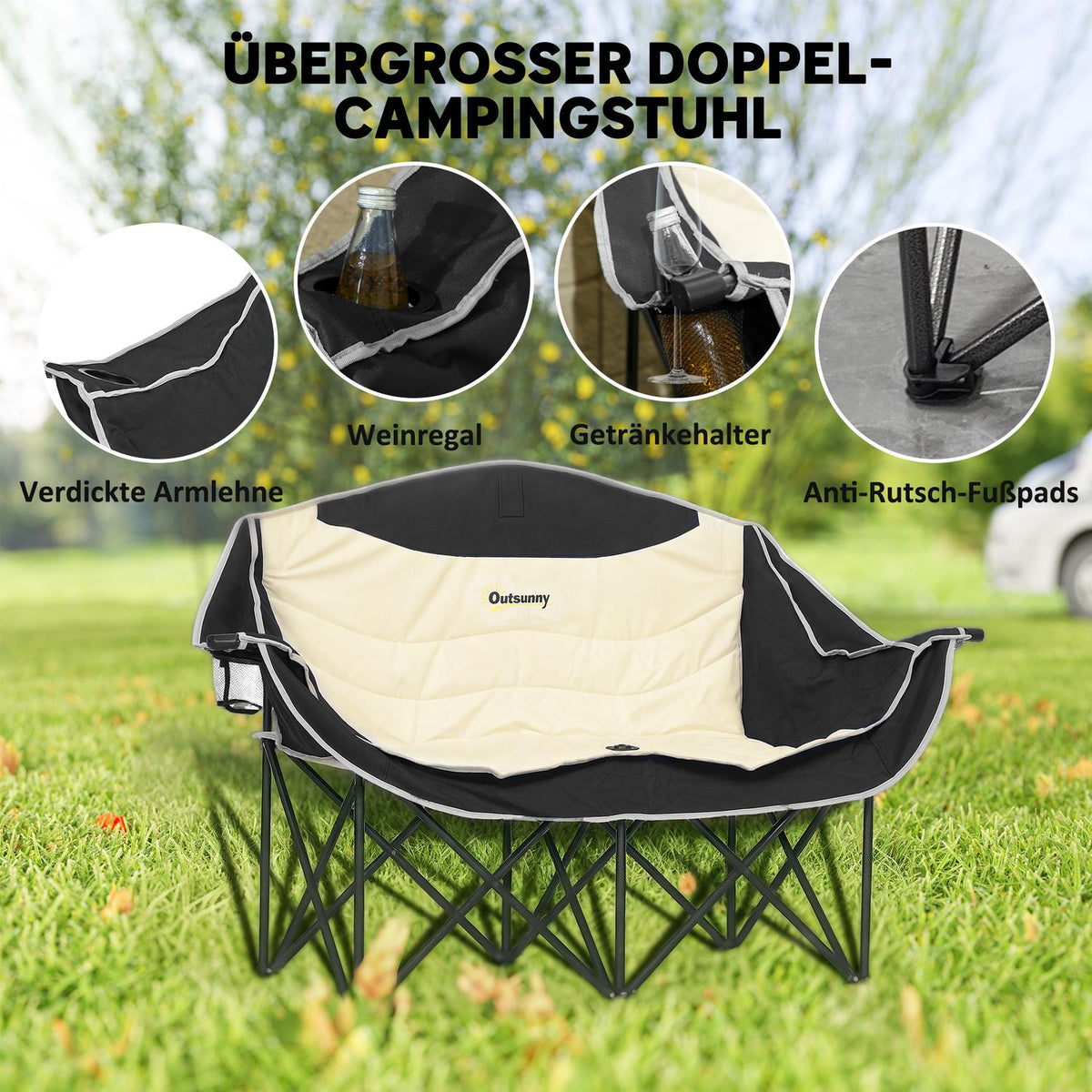 Folding chair 2 seater folding camping chair with cup holder carry bag outdoor folding chair load capacity up to 250kg robust lightly padded fishing chair garden chair for garden camping beach |