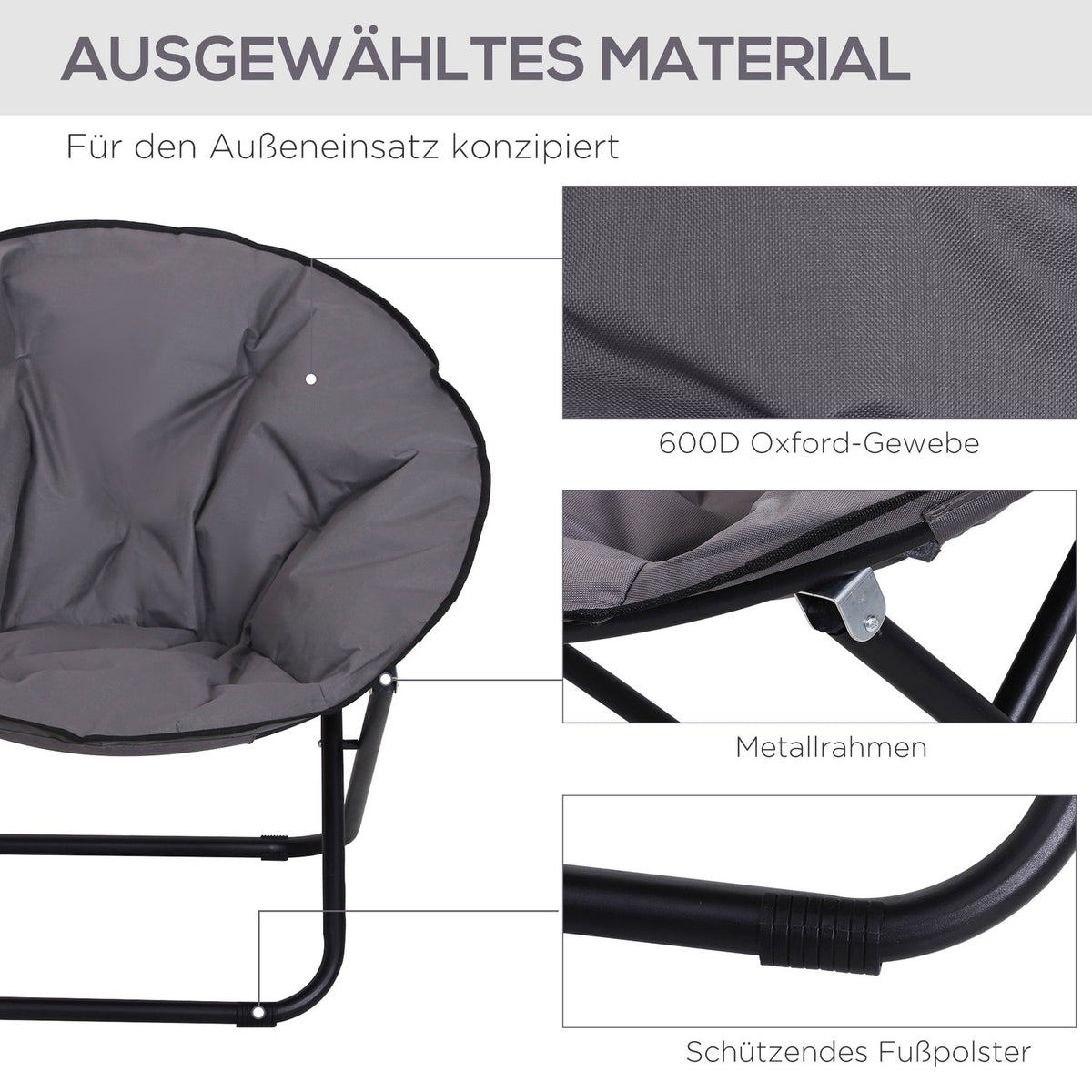 Folding chair folding camping chair, upholstered chair, metal + Oxford fabric, gray, 80x80x75 cm
