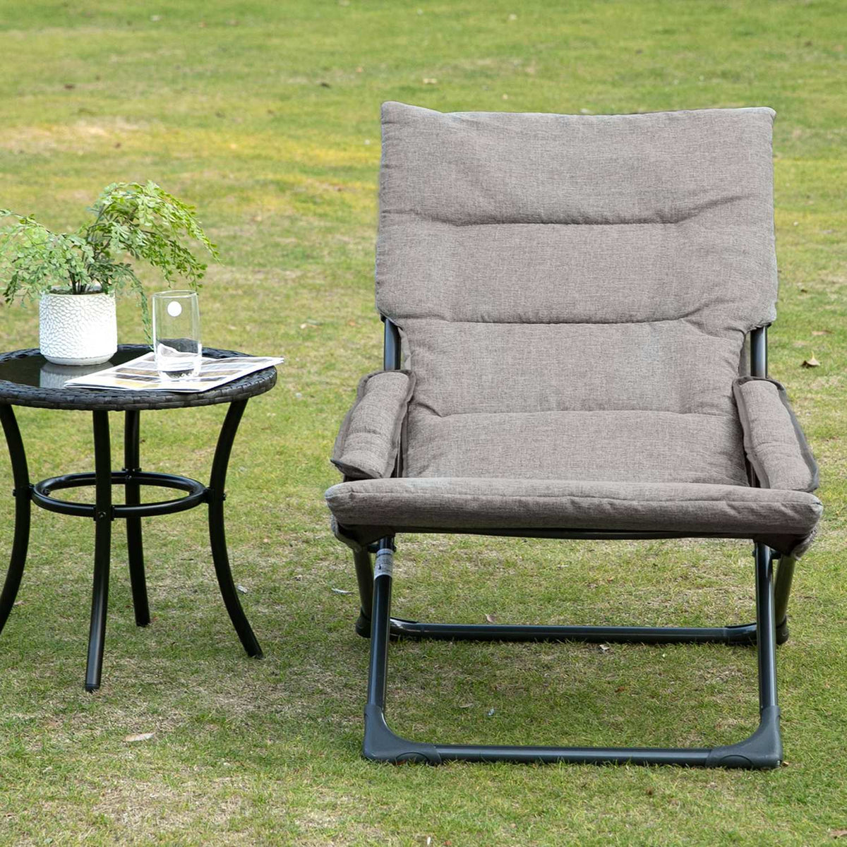 Folding chair with removable cushion, flexible garden chair, camping chair, deck chair, Textilene, steel, gray, 66x94x79 cm for garden, terrace, balcony