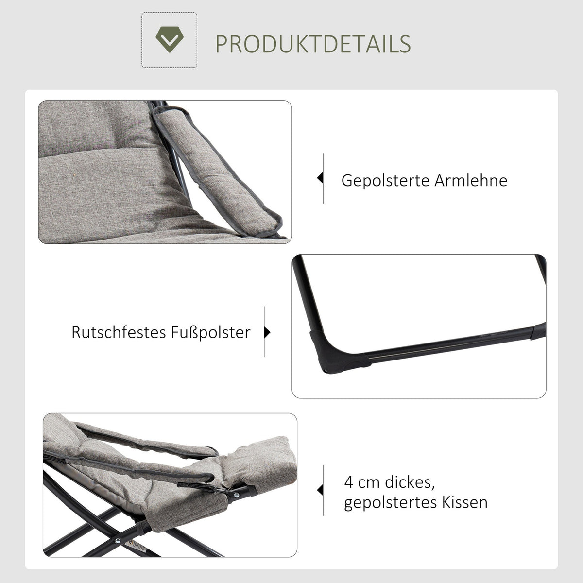 Folding chair with removable cushion, flexible garden chair, camping chair, deck chair, Textilene, steel, gray, 66x94x79 cm for garden, terrace, balcony