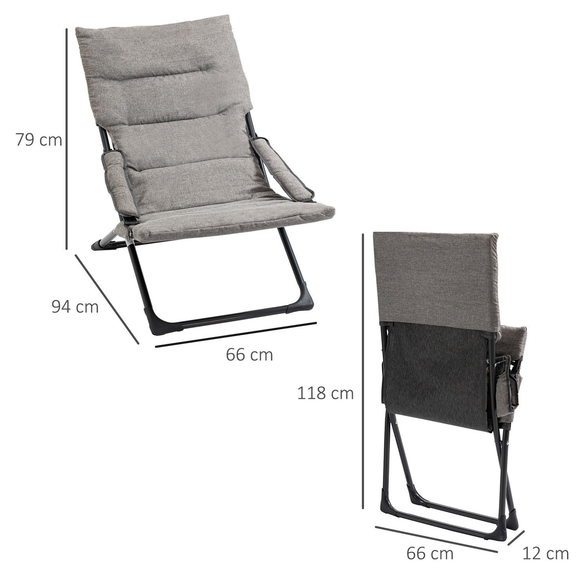 Folding chair with removable cushion, flexible garden chair, camping chair, deck chair, Textilene, steel, gray, 66x94x79 cm for garden, terrace, balcony