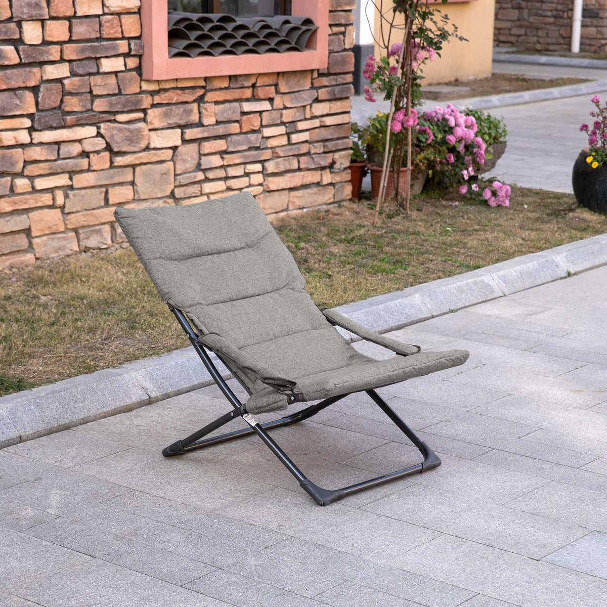 Folding chair with removable cushion, flexible garden chair, camping chair, deck chair, Textilene, steel, gray, 66x94x79 cm for garden, terrace, balcony