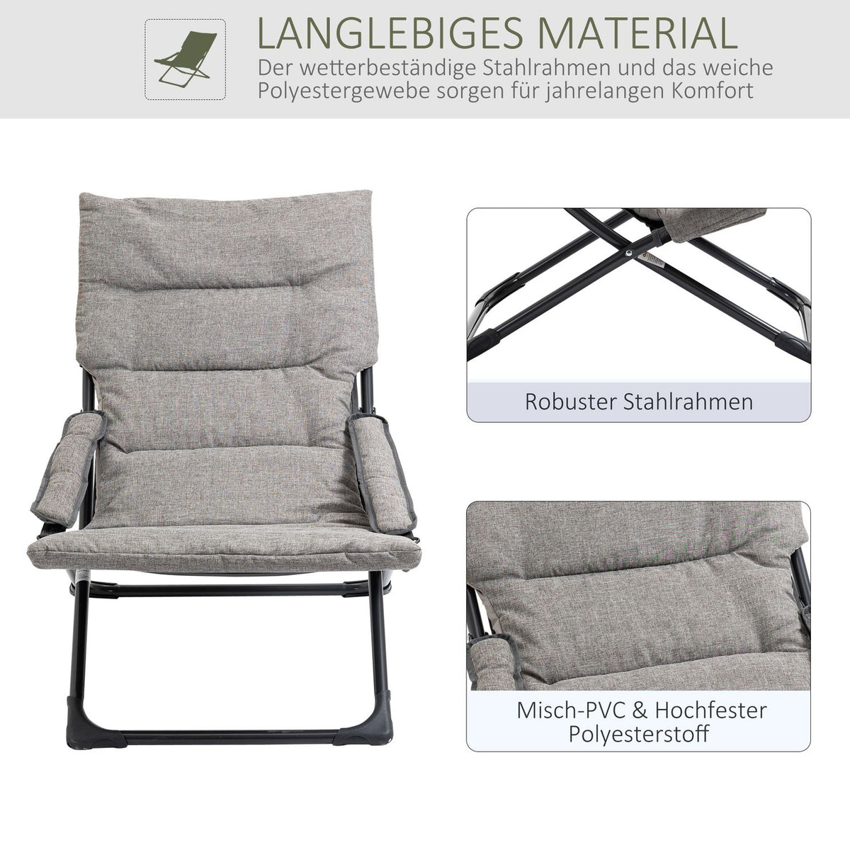 Folding chair with removable cushion, flexible garden chair, camping chair, deck chair, Textilene, steel, gray, 66x94x79 cm for garden, terrace, balcony