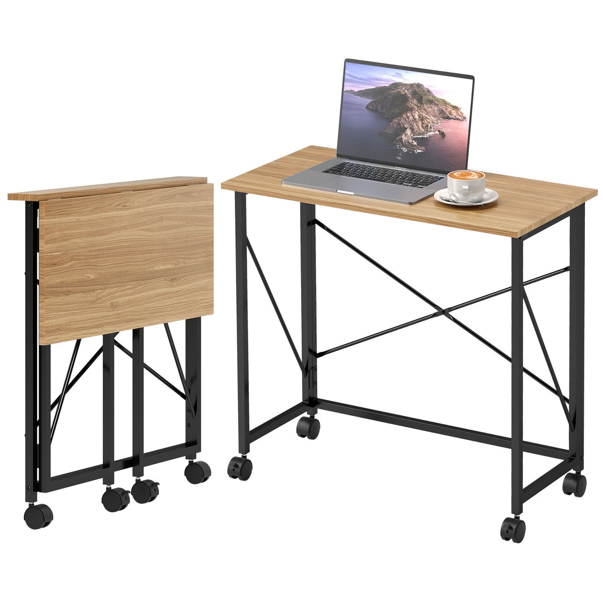 Folding desk with wheels, space-saving, steel, MDF, oak