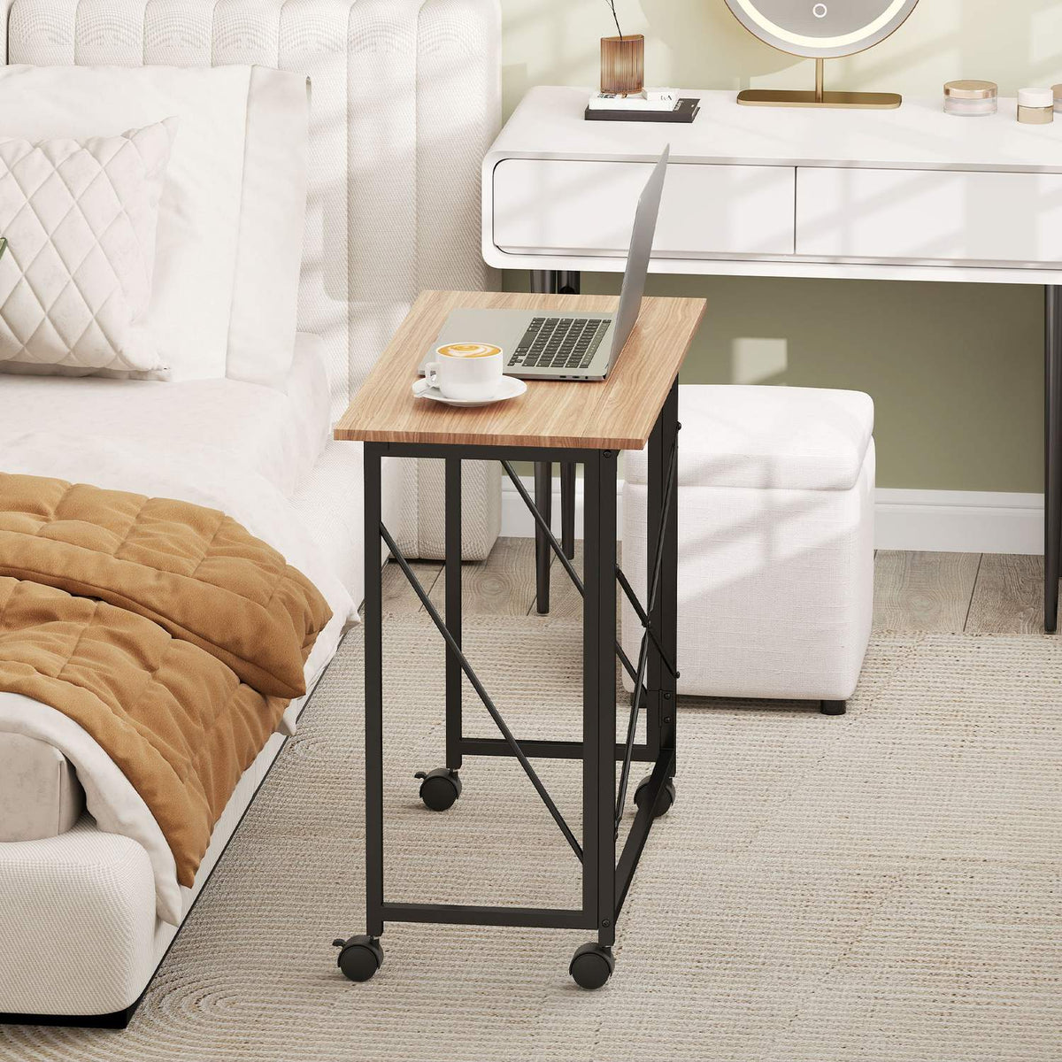 Folding desk with wheels, space-saving, steel, MDF, oak