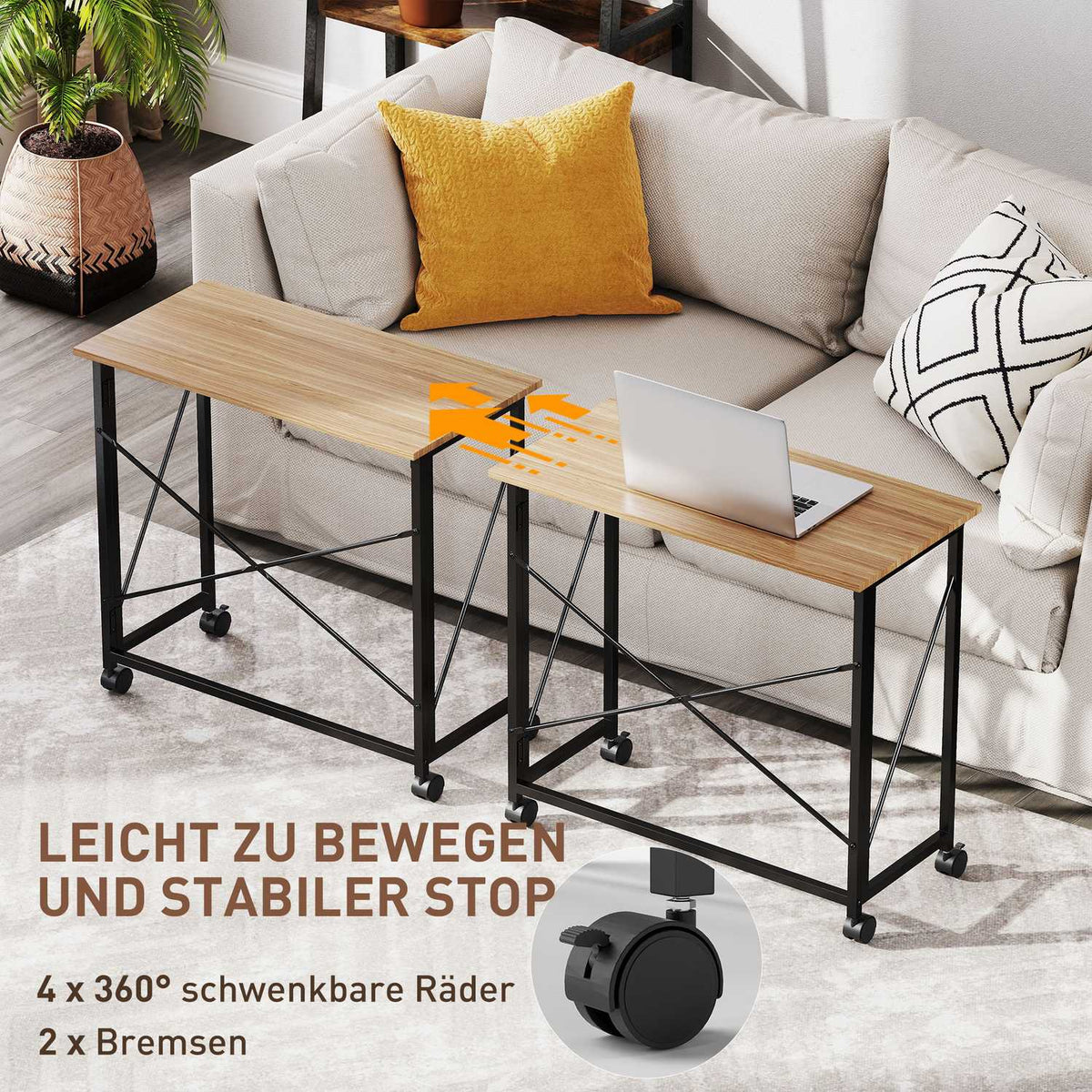 Folding desk with wheels, space-saving, steel, MDF, oak