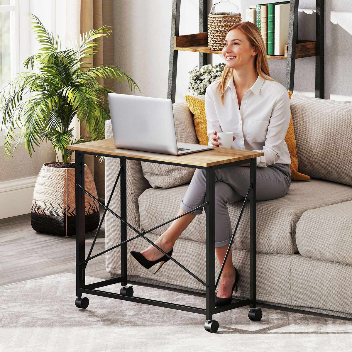 Folding desk with wheels, space-saving, steel, MDF, oak