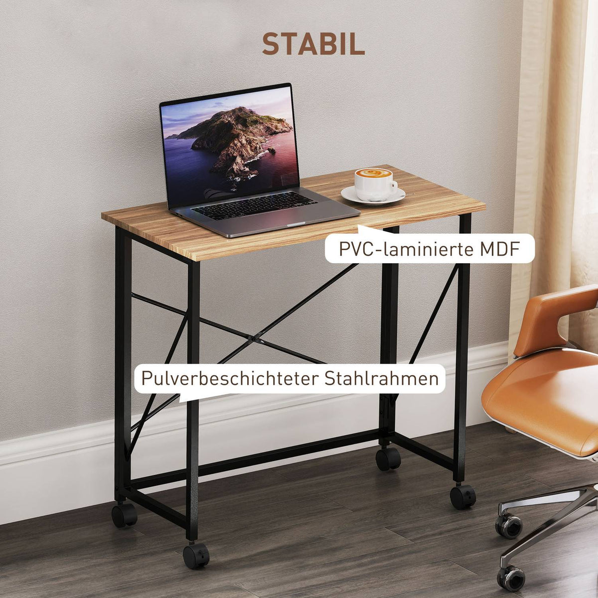 Folding desk with wheels, space-saving, steel, MDF, oak