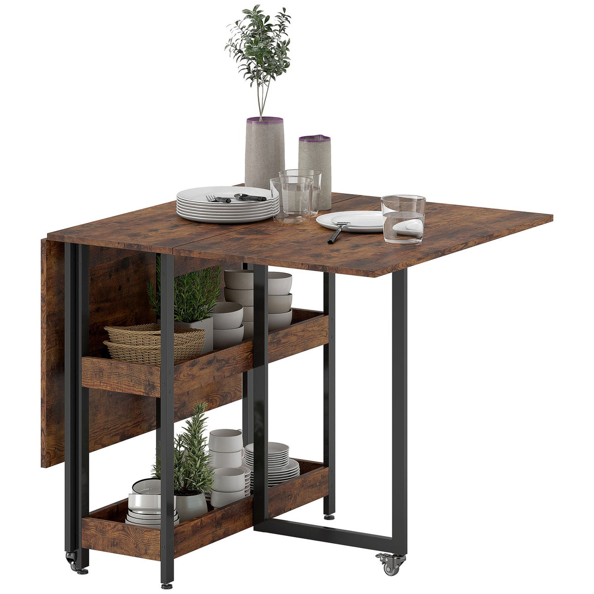 Folding dining table in industrial design, for up to 4 people, open shelves, flexible, metal, chipboard, brown