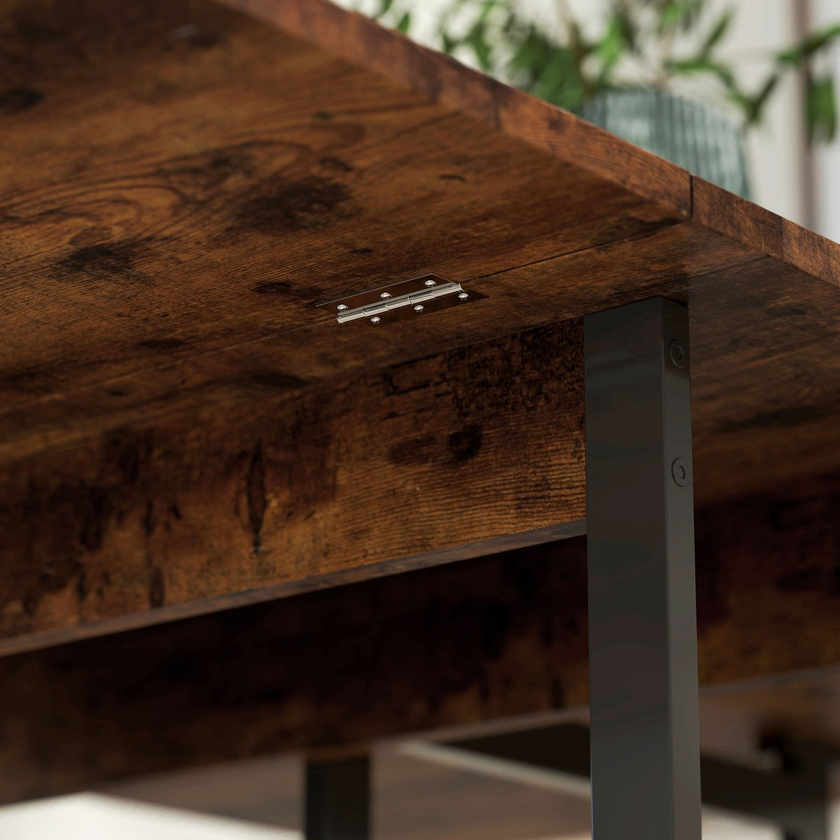 Folding dining table in industrial design, for up to 4 people, open shelves, flexible, metal, chipboard, brown