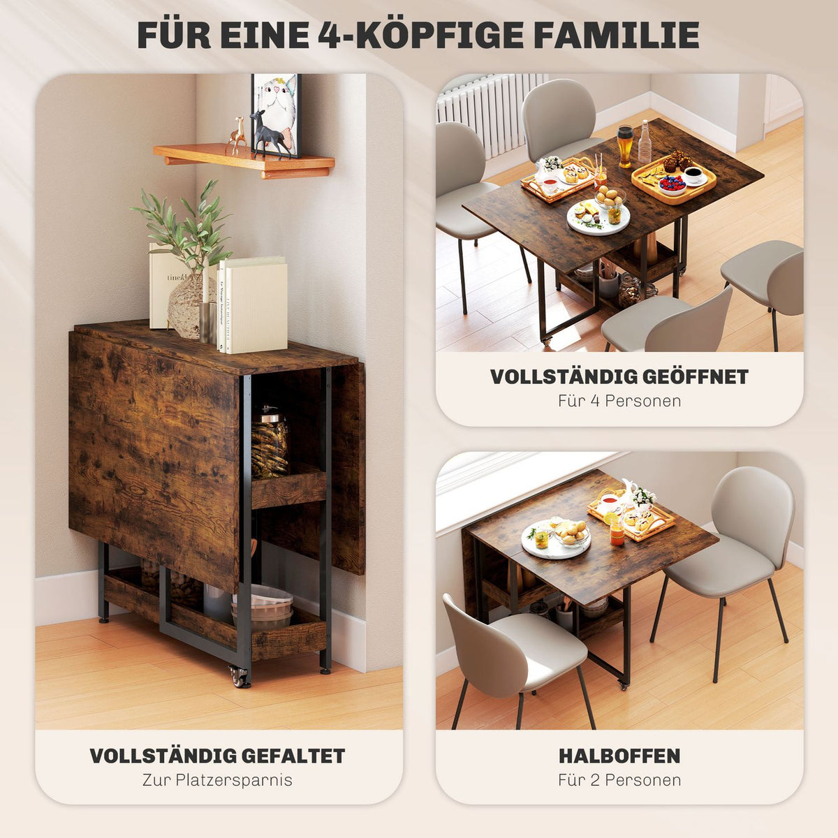 Folding dining table in industrial design, for up to 4 people, open shelves, flexible, metal, chipboard, brown