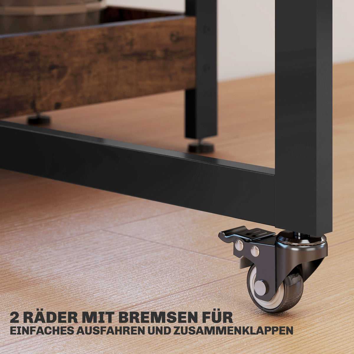 Folding dining table in industrial design, for up to 4 people, open shelves, flexible, metal, chipboard, brown