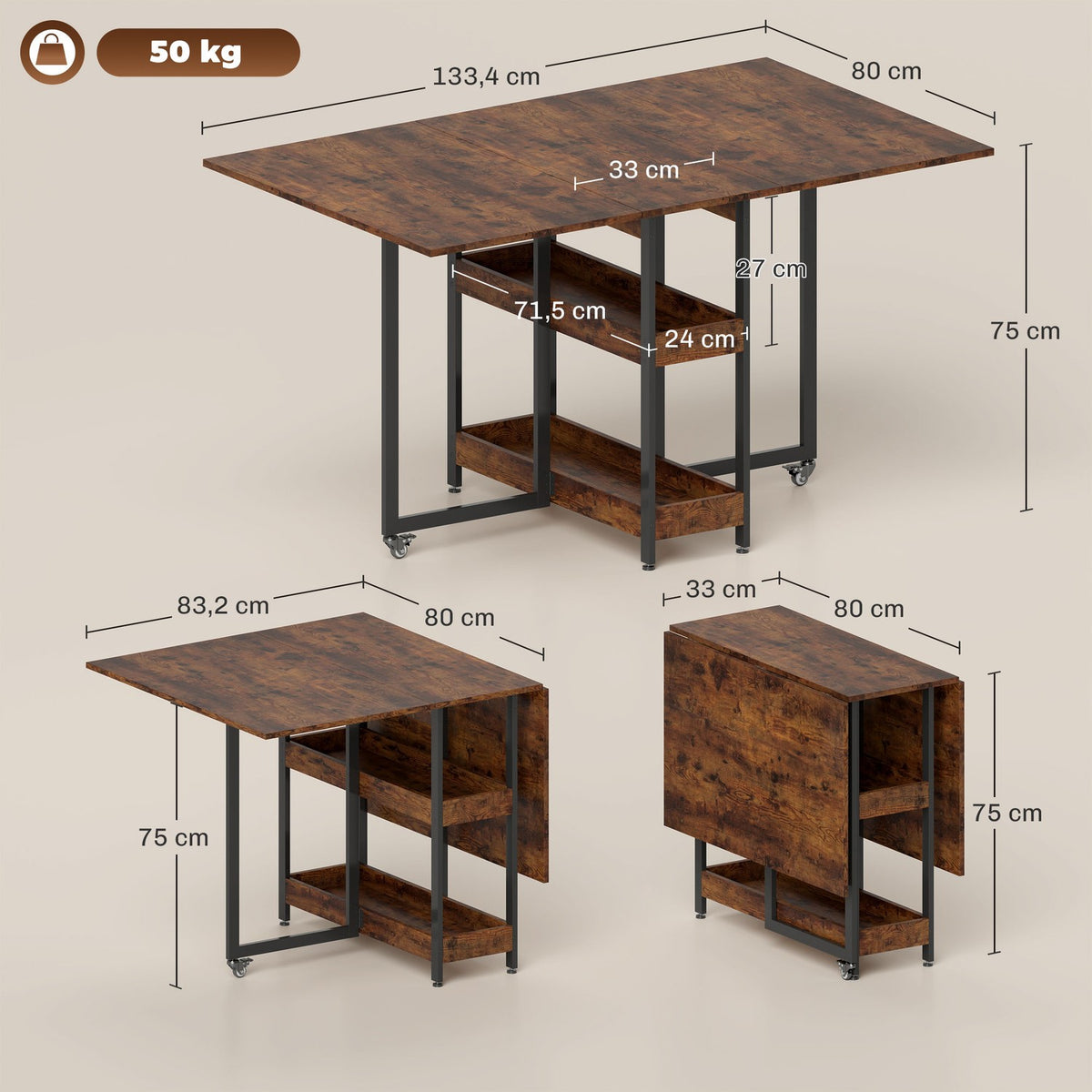 Folding dining table in industrial design, for up to 4 people, open shelves, flexible, metal, chipboard, brown