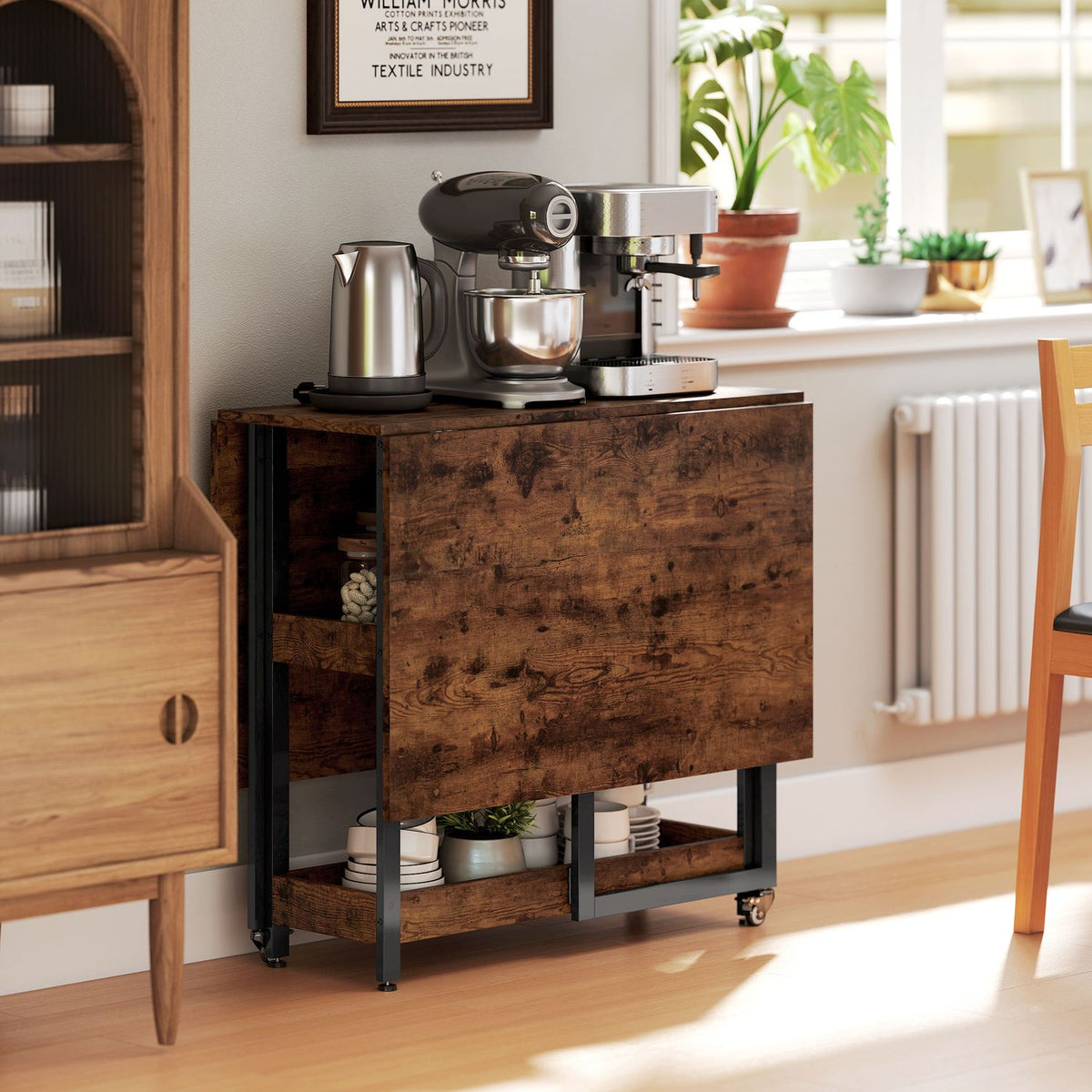 Folding dining table in industrial design, for up to 4 people, open shelves, flexible, metal, chipboard, brown