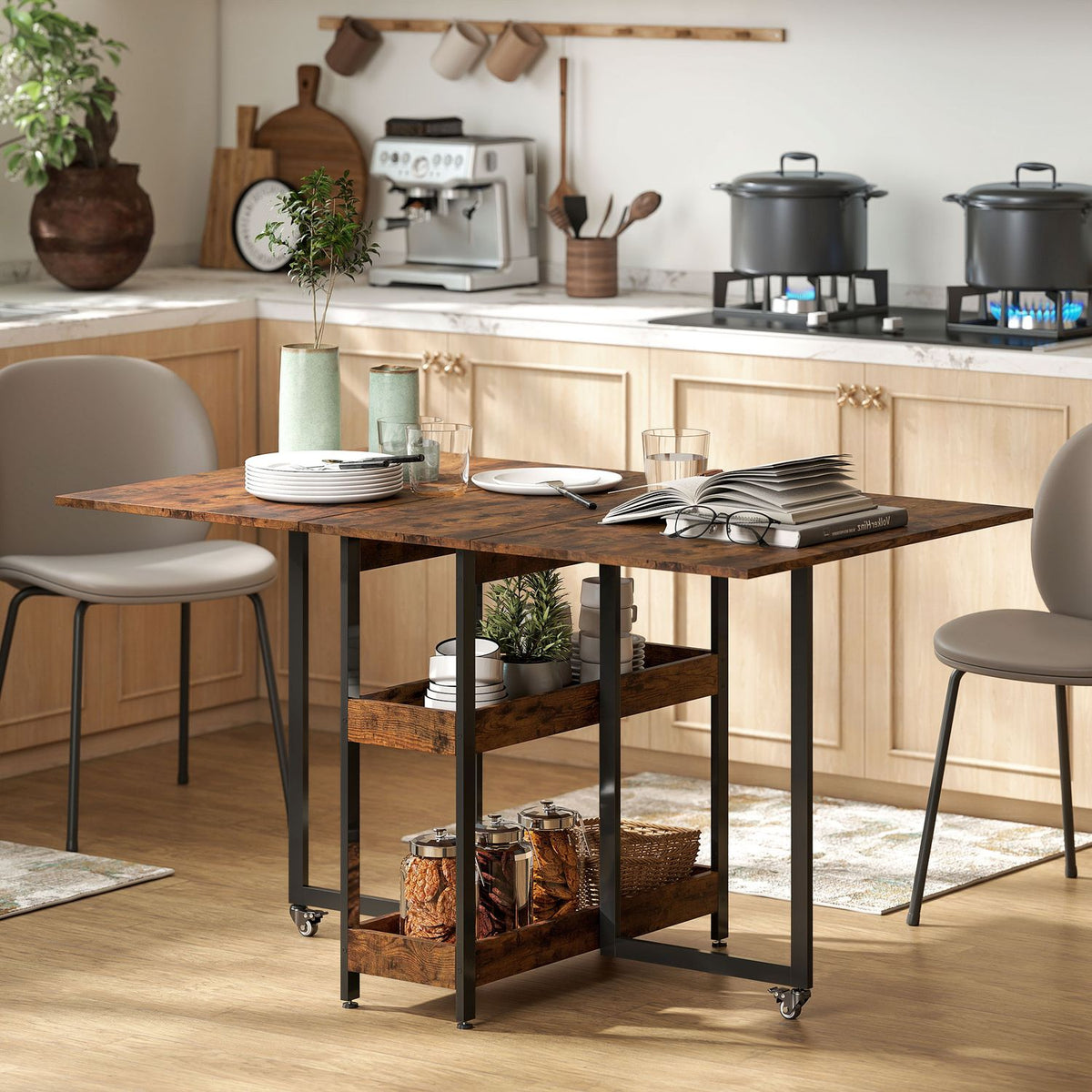 Folding dining table in industrial design, for up to 4 people, open shelves, flexible, metal, chipboard, brown