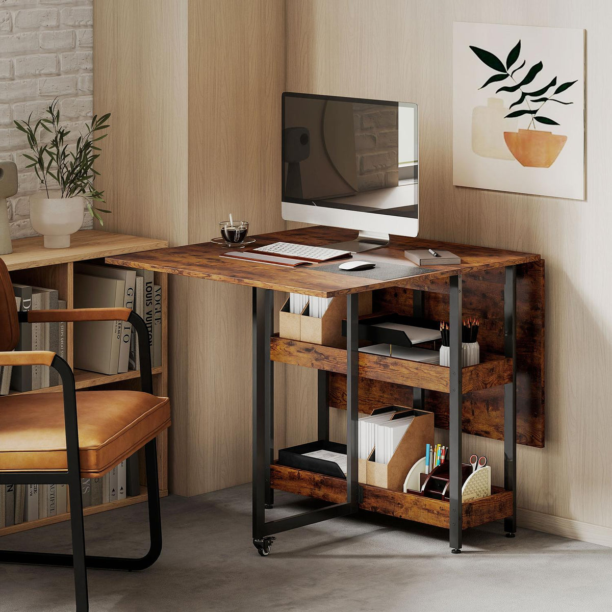 Folding dining table in industrial design, for up to 4 people, open shelves, flexible, metal, chipboard, brown