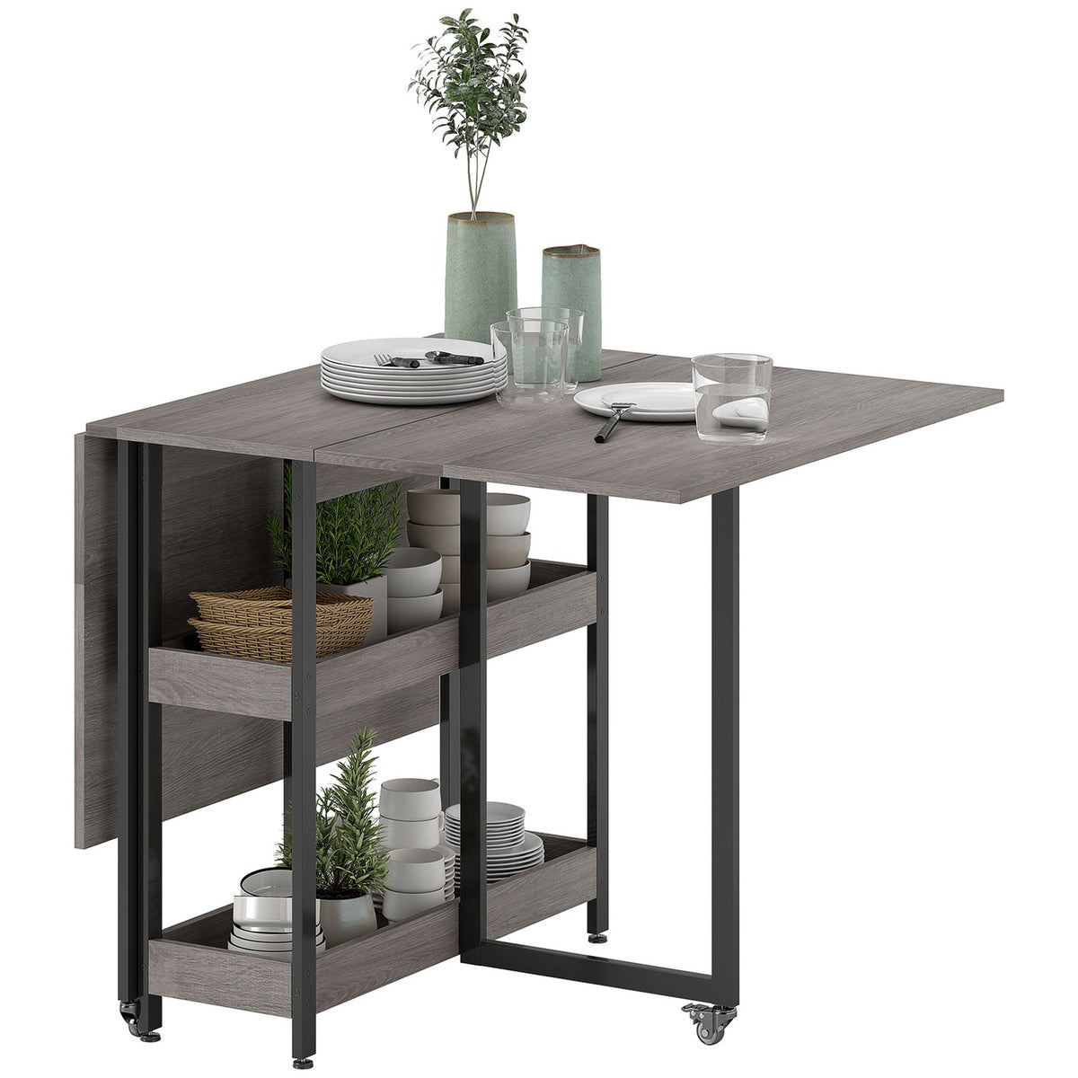 Folding dining table in industrial design, for up to 4 people, open shelves, flexible, metal, chipboard, grey