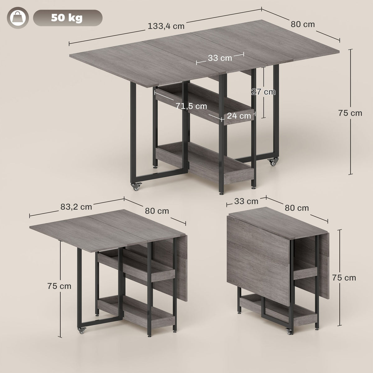 Folding dining table in industrial design, for up to 4 people, open shelves, flexible, metal, chipboard, grey