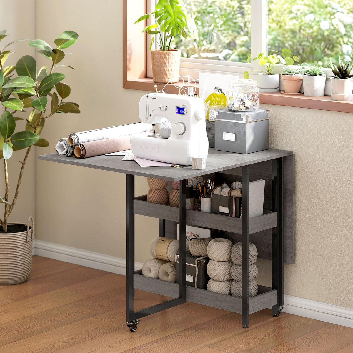 Folding dining table in industrial design, for up to 4 people, open shelves, flexible, metal, chipboard, grey