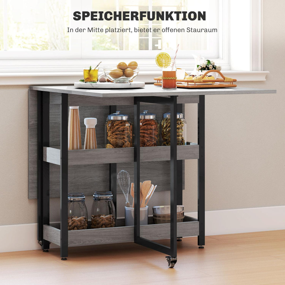 Folding dining table in industrial design, for up to 4 people, open shelves, flexible, metal, chipboard, grey