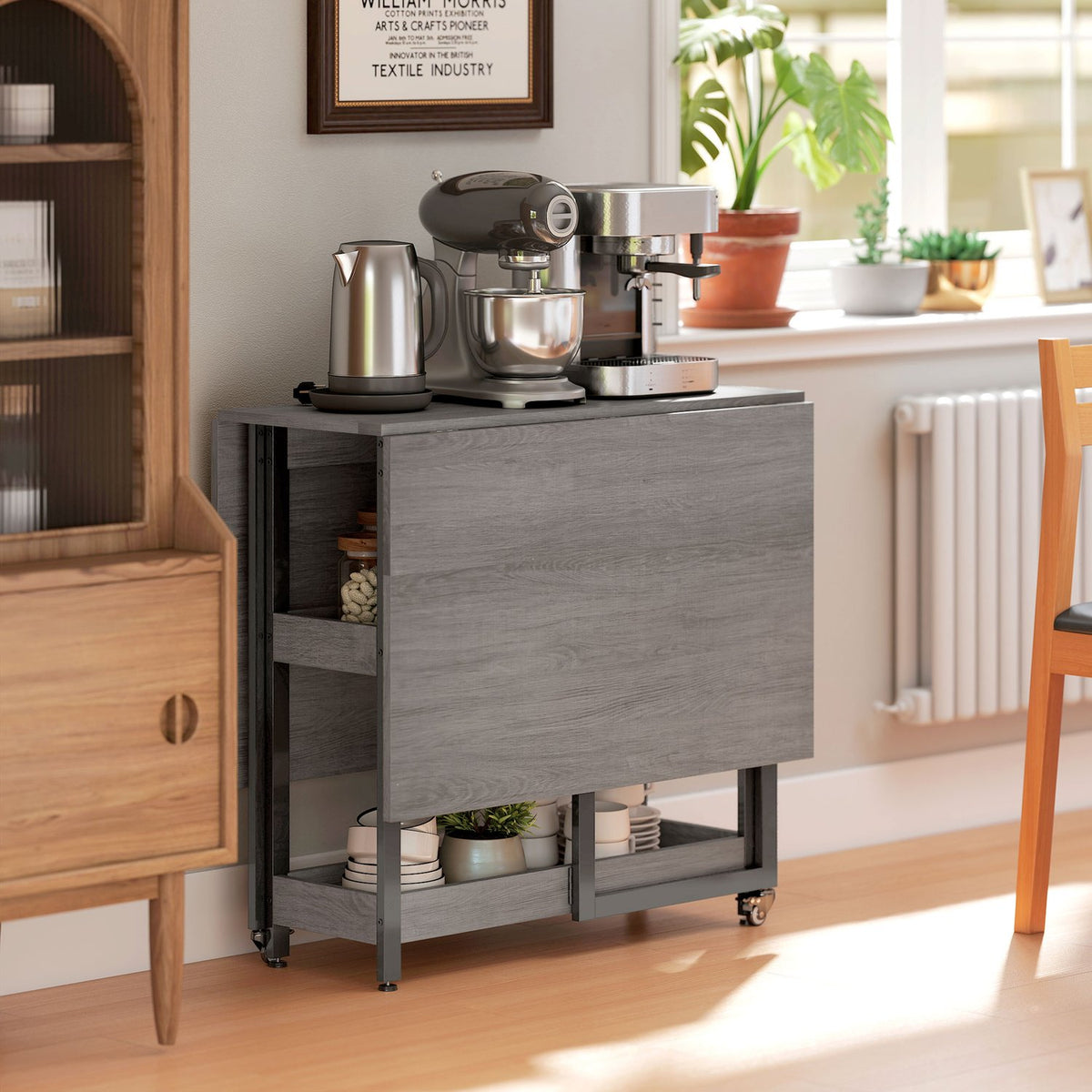 Folding dining table in industrial design, for up to 4 people, open shelves, flexible, metal, chipboard, grey