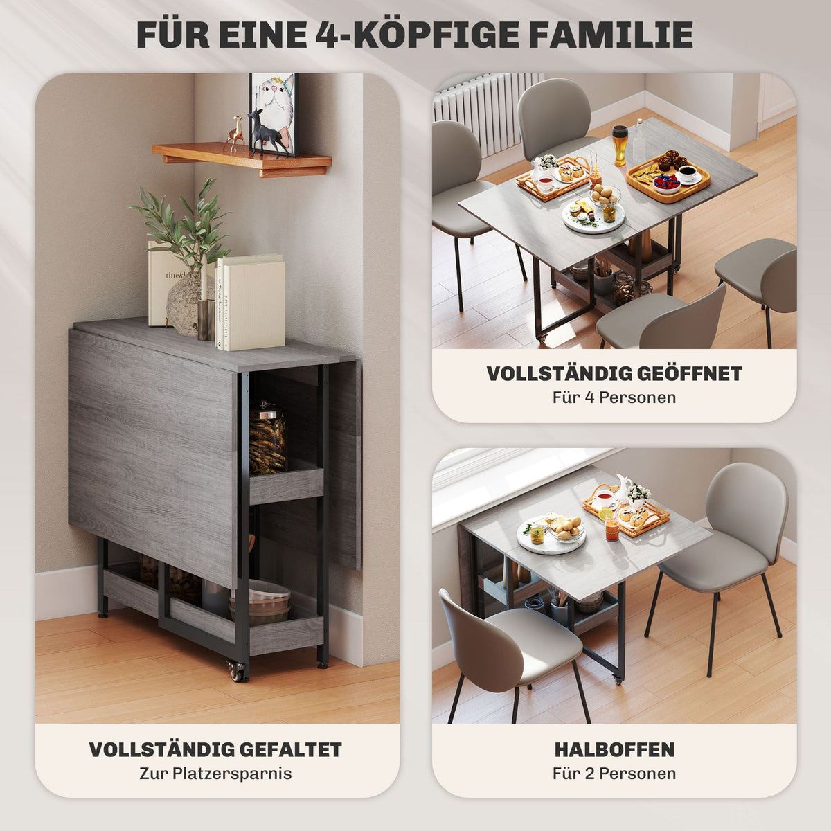 Folding dining table in industrial design, for up to 4 people, open shelves, flexible, metal, chipboard, grey