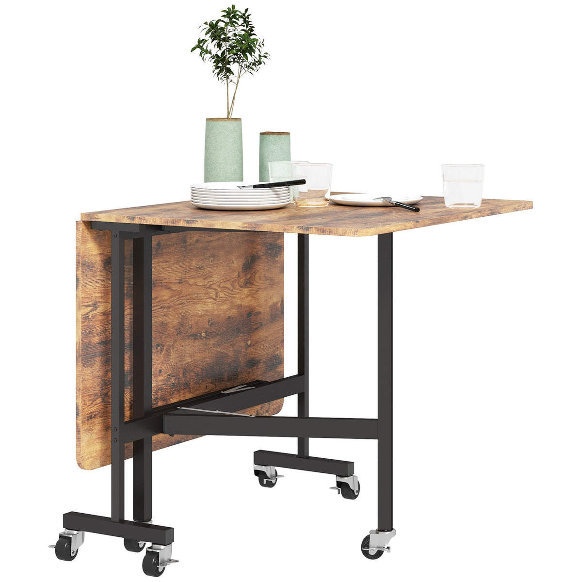 Folding dining table, kitchen table with wheels, brakes for 4-6 people, folding table for small rooms, kitchen, load capacity up to 100 kg, 120 x 80 x 73 cm, rustic brown