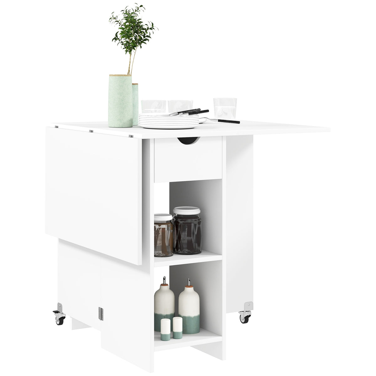 Folding dining table, mobile kitchen table for 2-4 people with open shelves, 1 drawer, folding table for small rooms, dining room 114.5 x 70 x 75 cm, white