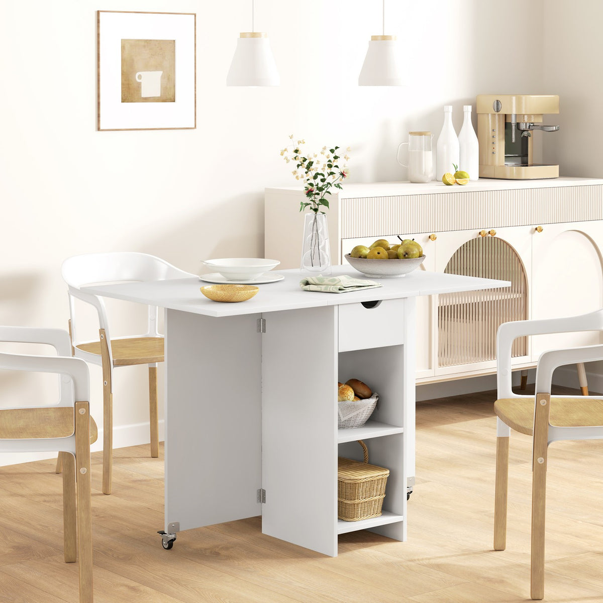 Folding dining table, mobile kitchen table for 2-4 people with open shelves, 1 drawer, folding table for small rooms, dining room 114.5 x 70 x 75 cm, white