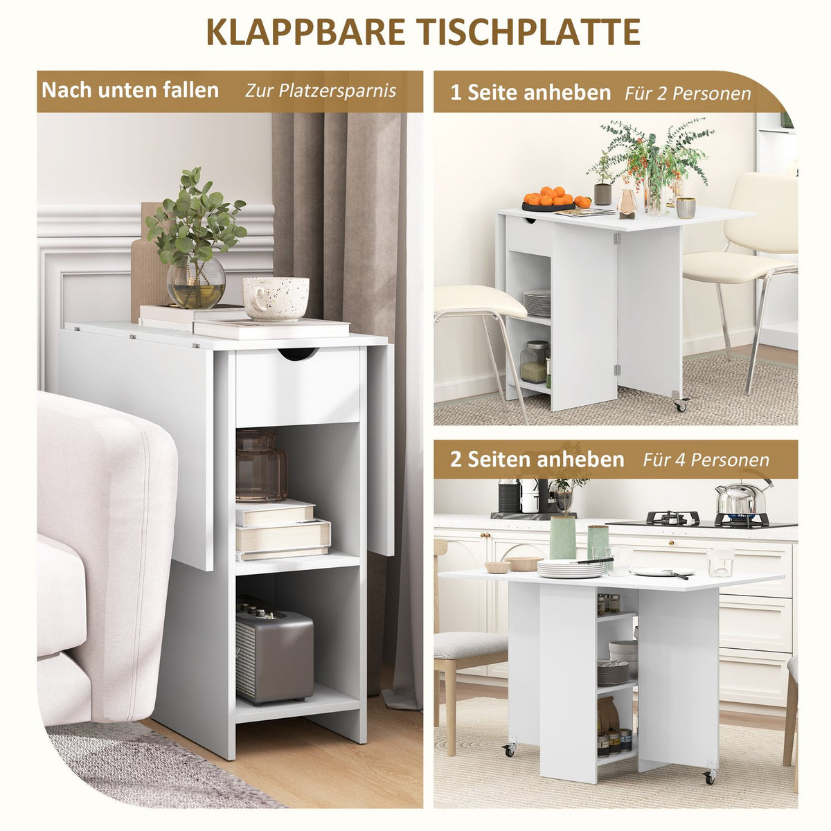 Folding dining table, mobile kitchen table for 2-4 people with open shelves, 1 drawer, folding table for small rooms, dining room 114.5 x 70 x 75 cm, white