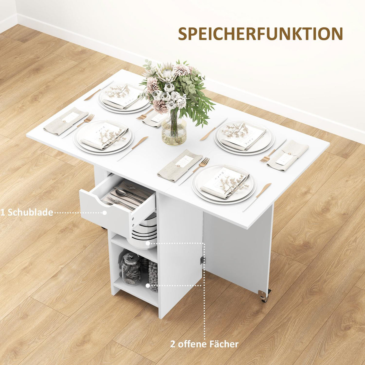 Folding dining table, mobile kitchen table for 2-4 people with open shelves, 1 drawer, folding table for small rooms, dining room 114.5 x 70 x 75 cm, white