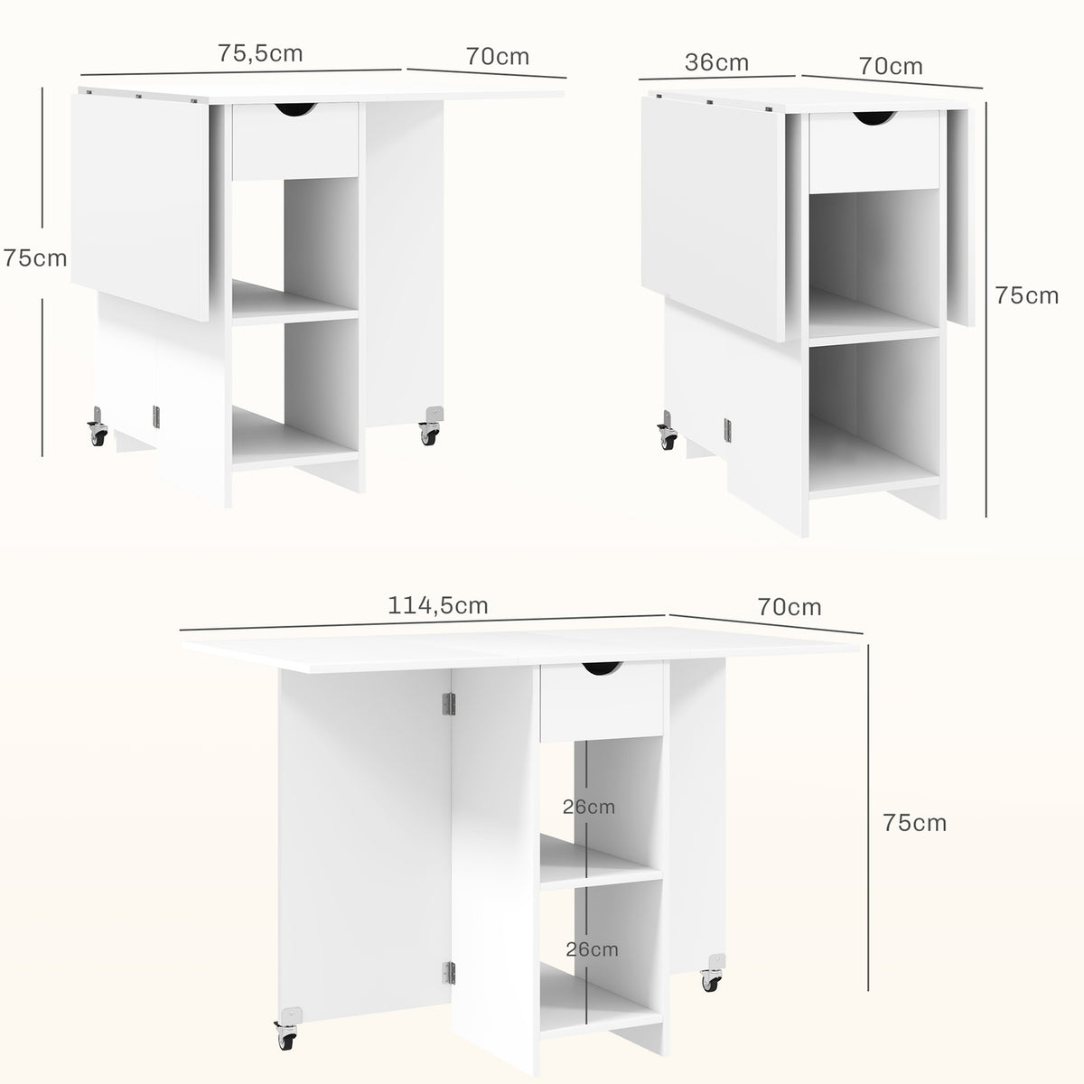 Folding dining table, mobile kitchen table for 2-4 people with open shelves, 1 drawer, folding table for small rooms, dining room 114.5 x 70 x 75 cm, white