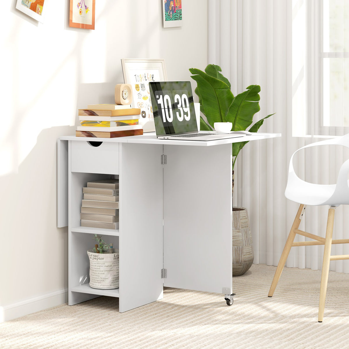 Folding dining table, mobile kitchen table for 2-4 people with open shelves, 1 drawer, folding table for small rooms, dining room 114.5 x 70 x 75 cm, white