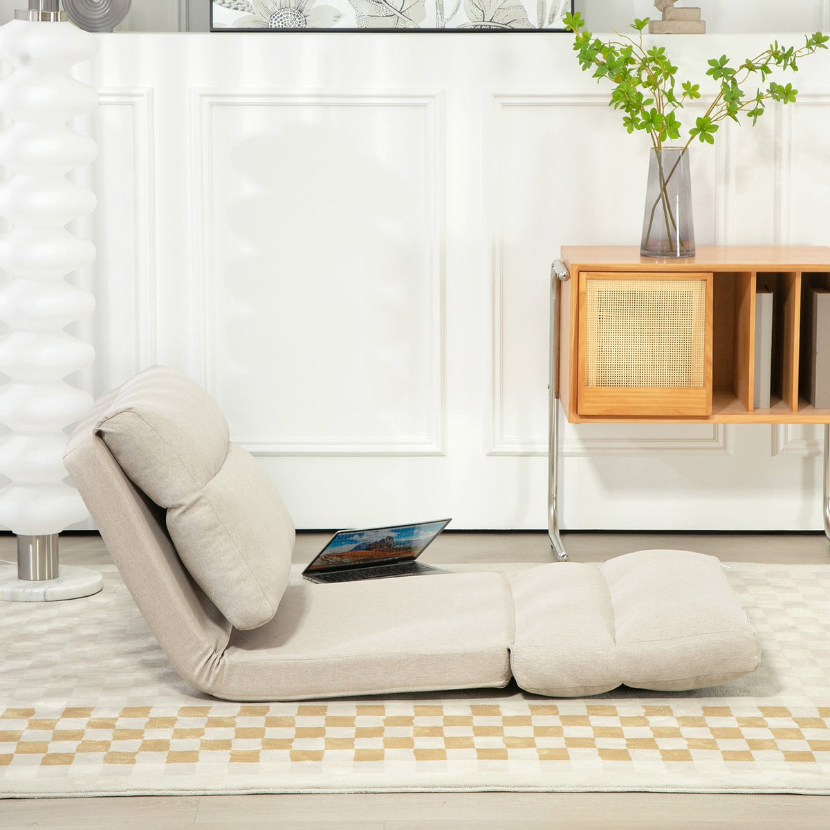 Folding floor chair, with 6-level adjustable backrest, thick seat padding, bed function, linen look, 70 x 41 x 56 cm, brown