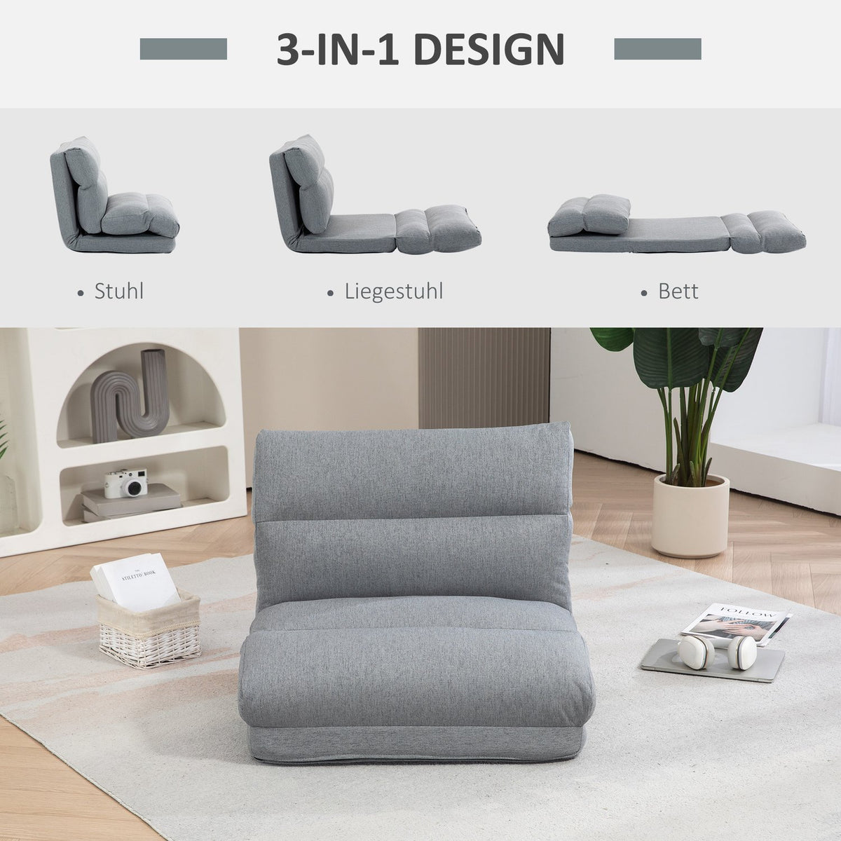 Folding floor chair, with 6-level adjustable backrest, thick seat padding, bed function, linen look, 70 x 41 x 56 cm, gray