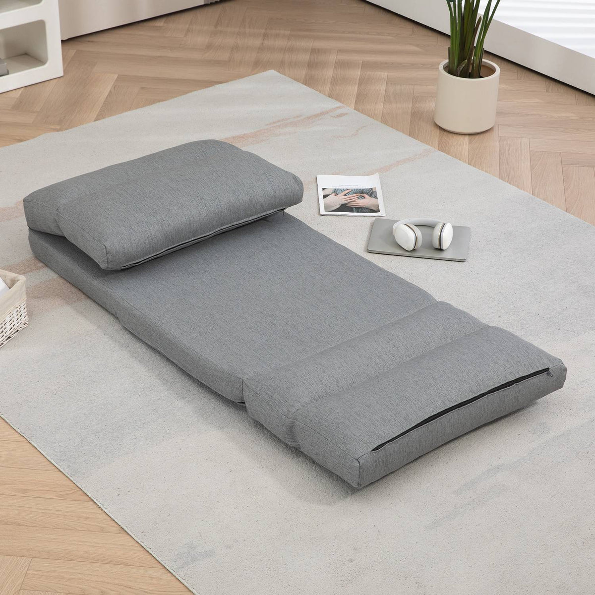Folding floor chair, with 6-level adjustable backrest, thick seat padding, bed function, linen look, 70 x 41 x 56 cm, gray
