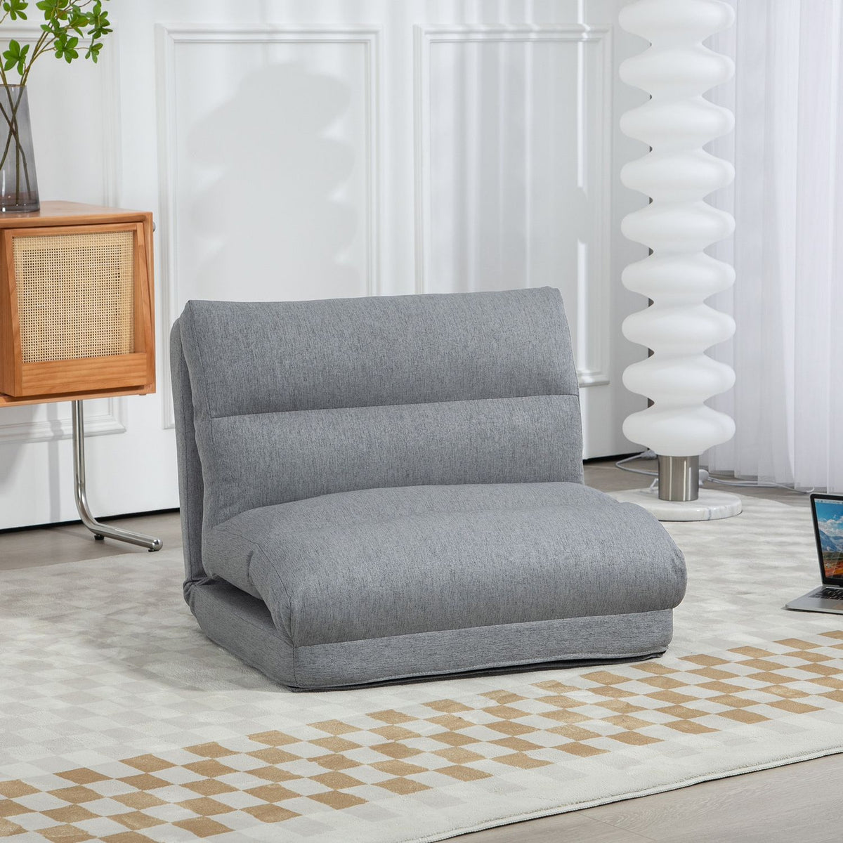 Folding floor chair, with 6-level adjustable backrest, thick seat padding, bed function, linen look, 70 x 41 x 56 cm, gray