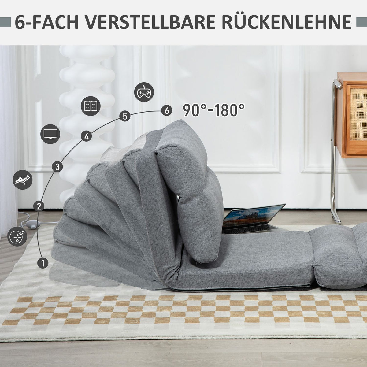 Folding floor chair, with 6-level adjustable backrest, thick seat padding, bed function, linen look, 70 x 41 x 56 cm, gray