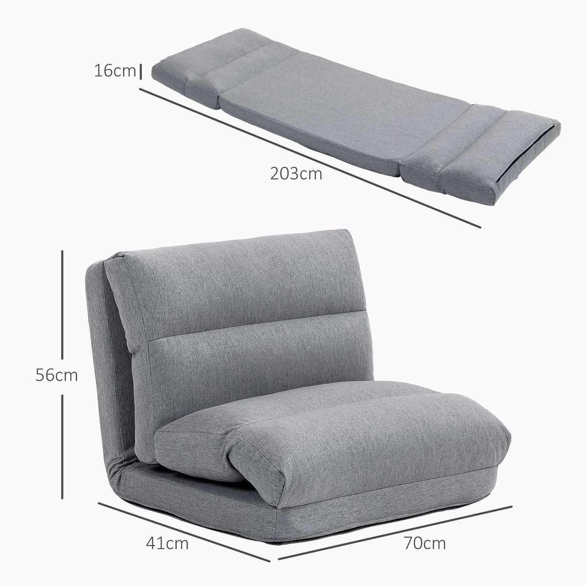 Folding floor chair, with 6-level adjustable backrest, thick seat padding, bed function, linen look, 70 x 41 x 56 cm, gray