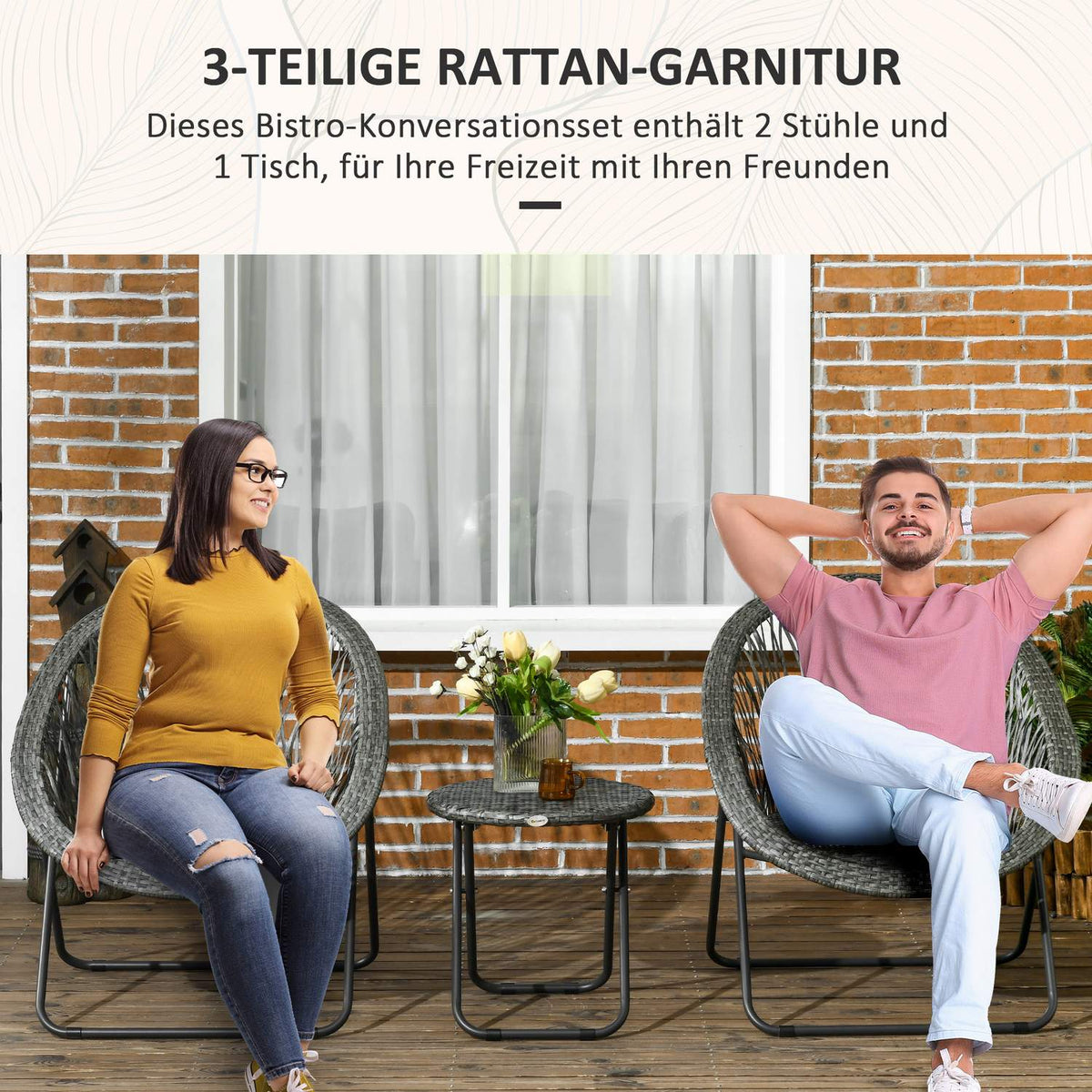 Folding garden furniture balcony set with coffee table & 2 chairs, including cushions, steel gray for terrace & garden