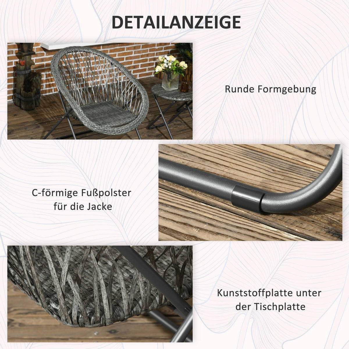 Folding garden furniture balcony set with coffee table & 2 chairs, including cushions, steel gray for terrace & garden