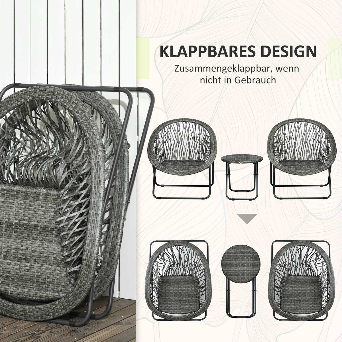 Folding garden furniture balcony set with coffee table & 2 chairs, including cushions, steel gray for terrace & garden