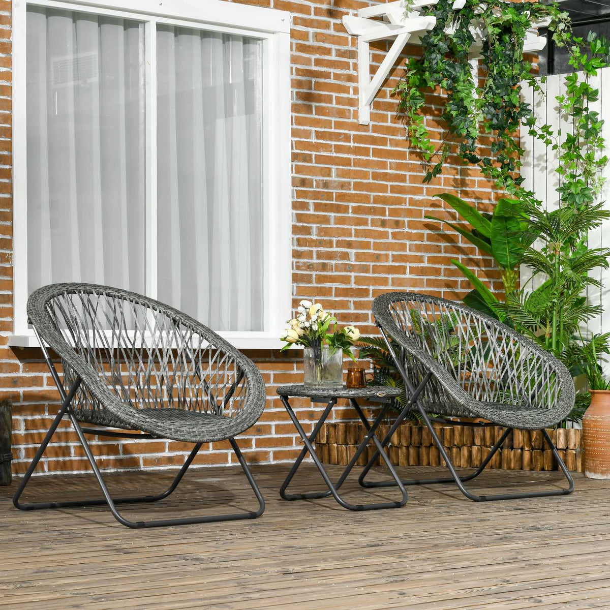 Folding garden furniture balcony set with coffee table & 2 chairs, including cushions, steel gray for terrace & garden